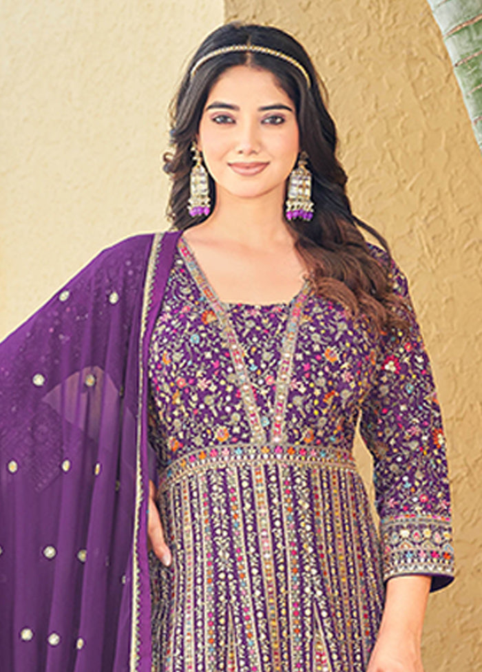 3 Pc Purple Georgette Anarkali Suits Set