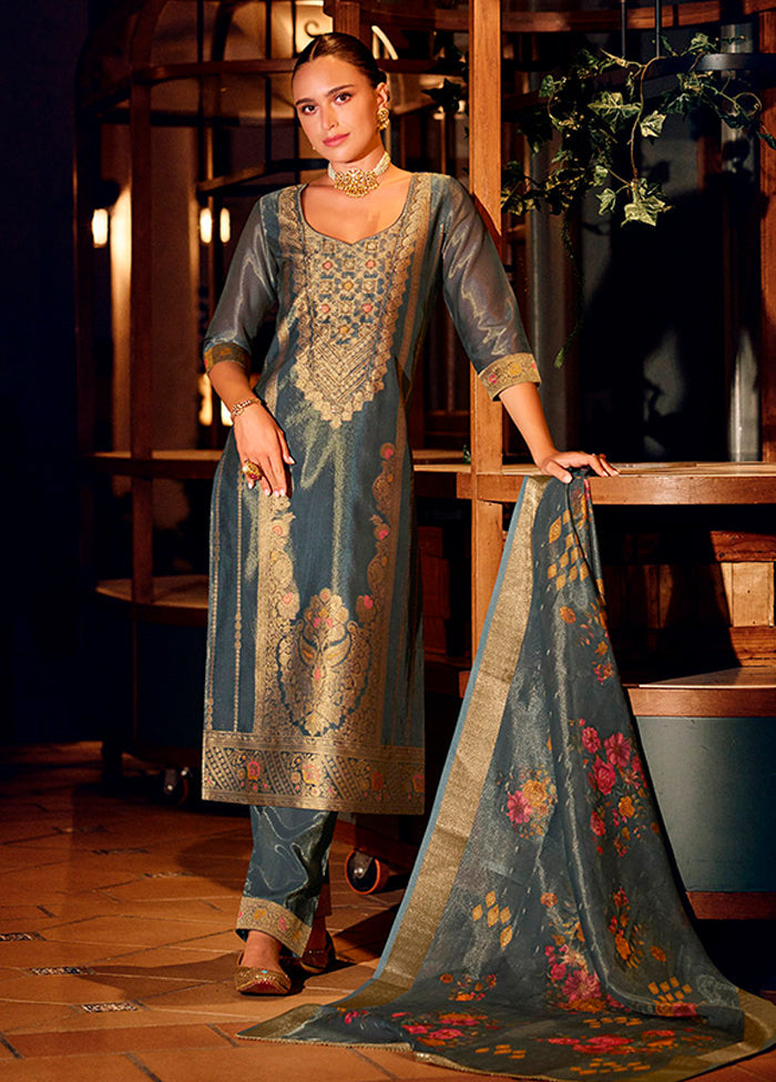 3 Pc Blue Silk Suit Set