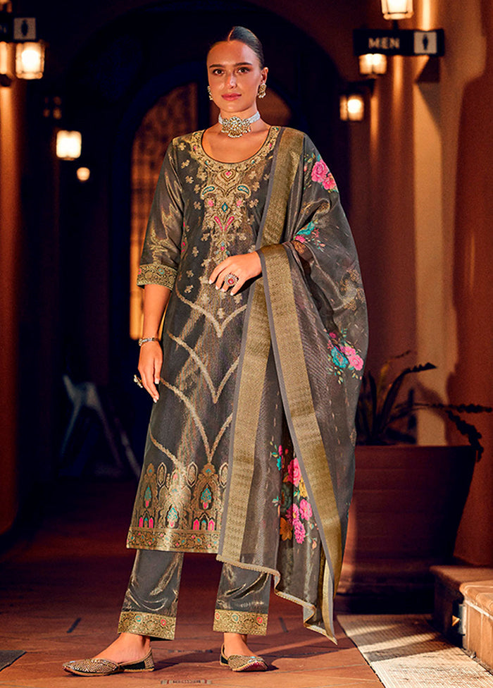 3 Pc Grey Silk Suit Set