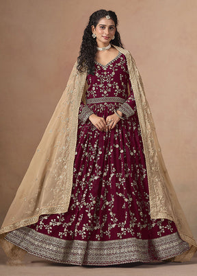 3 Pc Maroon Georgette Anarkali Suits Set