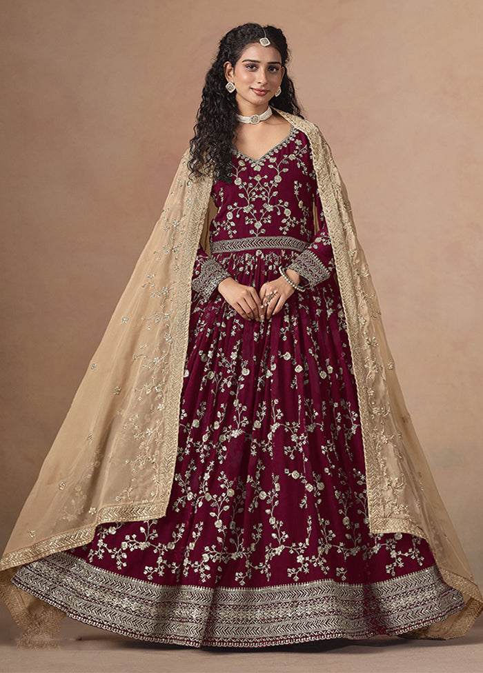 3 Pc Maroon Georgette Anarkali Suits Set