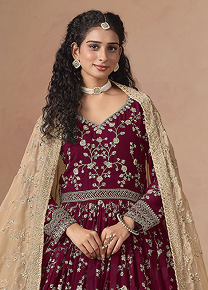 3 Pc Maroon Georgette Anarkali Suits Set