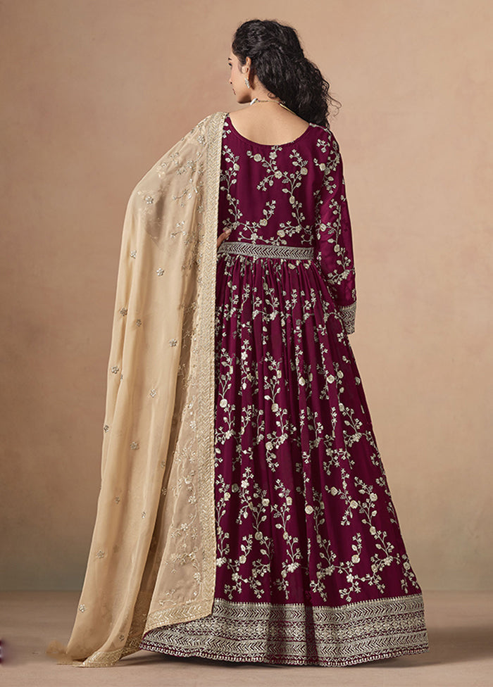 3 Pc Maroon Georgette Anarkali Suits Set