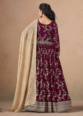 3 Pc Maroon Georgette Anarkali Suits Set