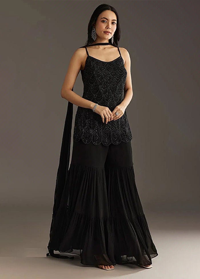 3 Pc Black Georgette Plazzo Suits Set