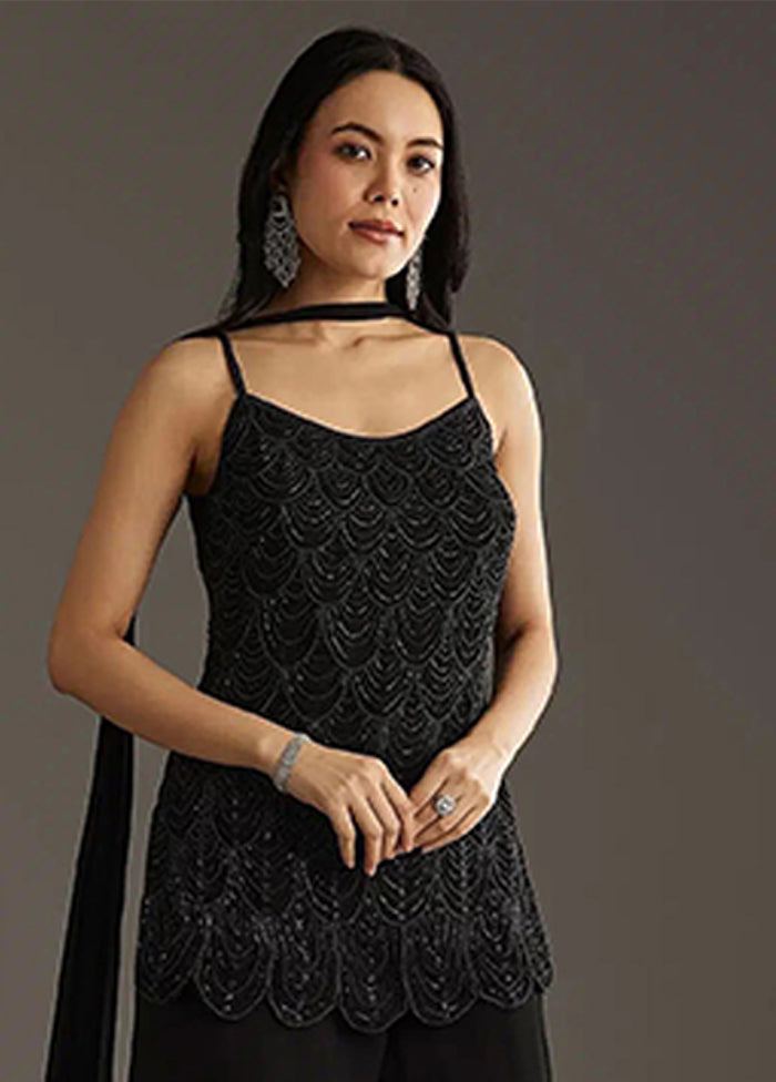 3 Pc Black Georgette Plazzo Suits Set