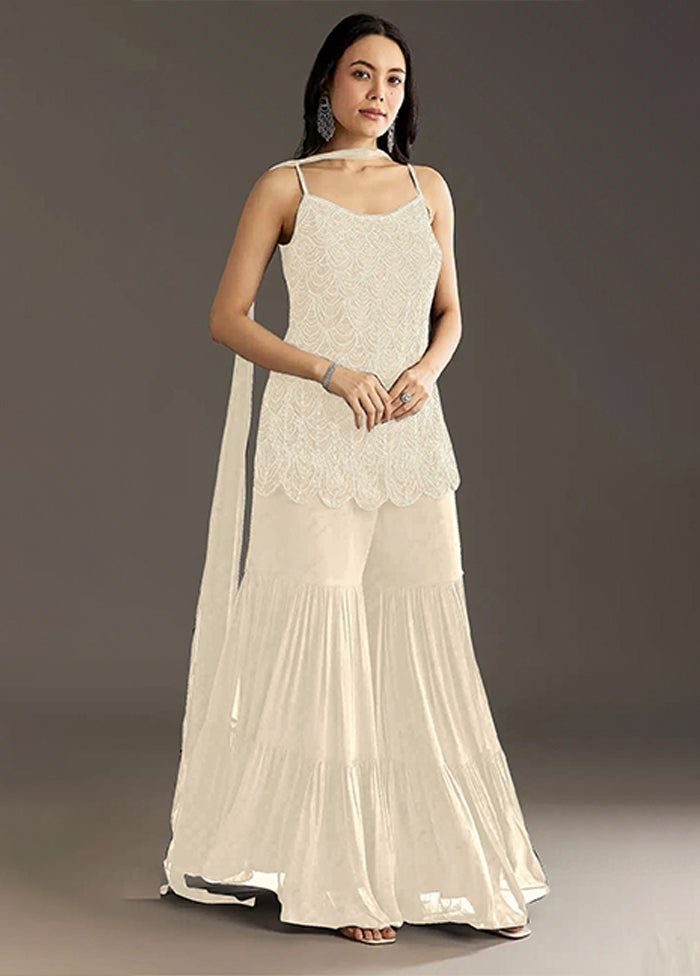 3 Pc Cream Georgette Plazzo Suits Set