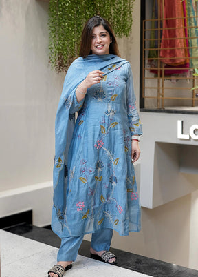 3 Pc Blue Silk Suit Set