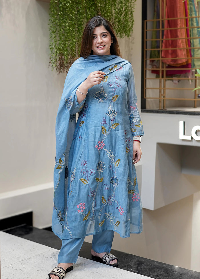 3 Pc Blue Silk Suit Set