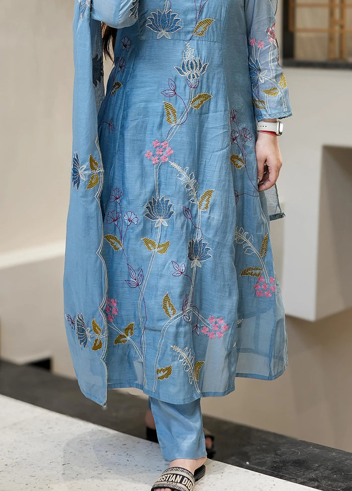 3 Pc Blue Silk Suit Set