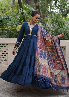 Blue Printed Work Silk Gown With Dupatta Set