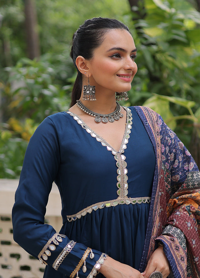 Blue Printed Work Silk Gown With Dupatta Set