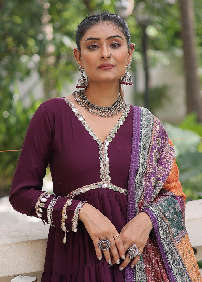 Wine Printed Work Silk Gown With Dupatta Set