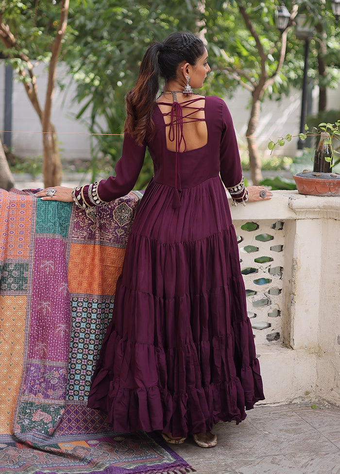 Wine Printed Work Silk Gown With Dupatta Set