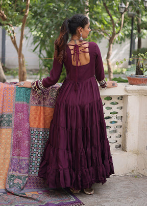 Wine Printed Work Silk Gown With Dupatta Set