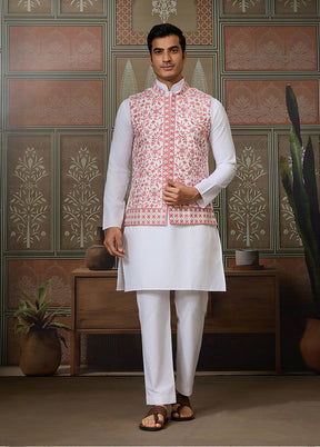 White Silk Kurta & Pajama With Jacket Set