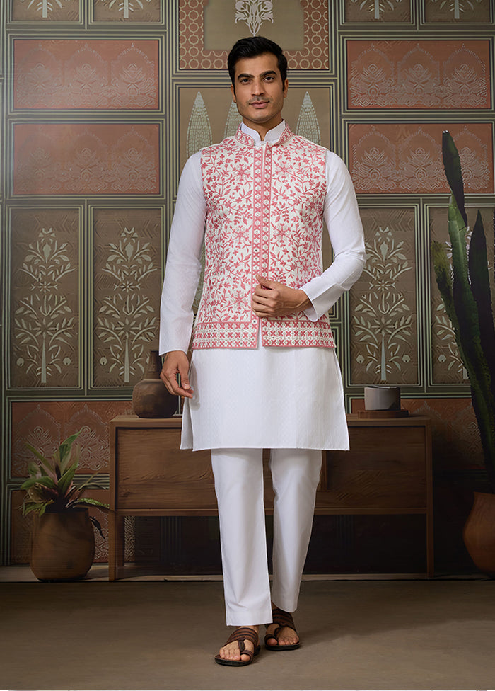 White Silk Kurta & Pajama With Jacket Set