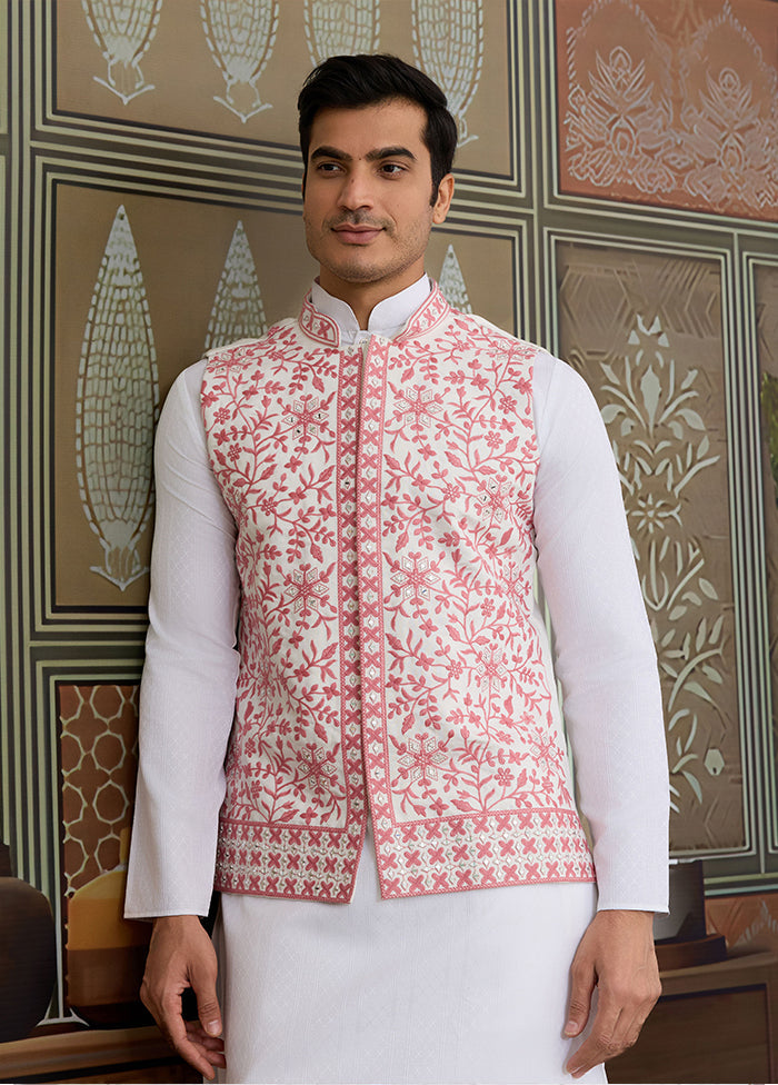 White Silk Kurta & Pajama With Jacket Set