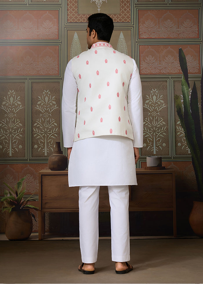 White Silk Kurta & Pajama With Jacket Set