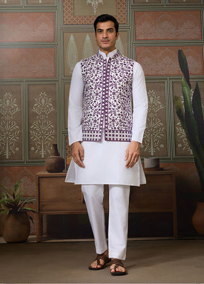 White Silk Kurta & Pajama With Jacket Set
