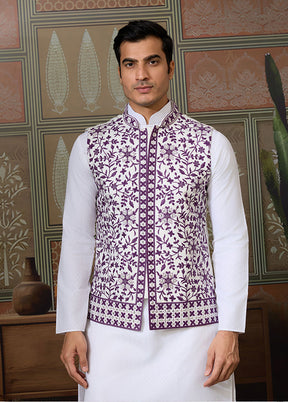 White Silk Kurta & Pajama With Jacket Set