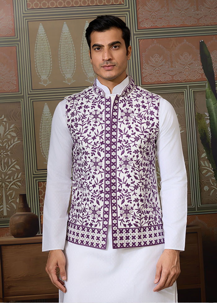 White Silk Kurta & Pajama With Jacket Set