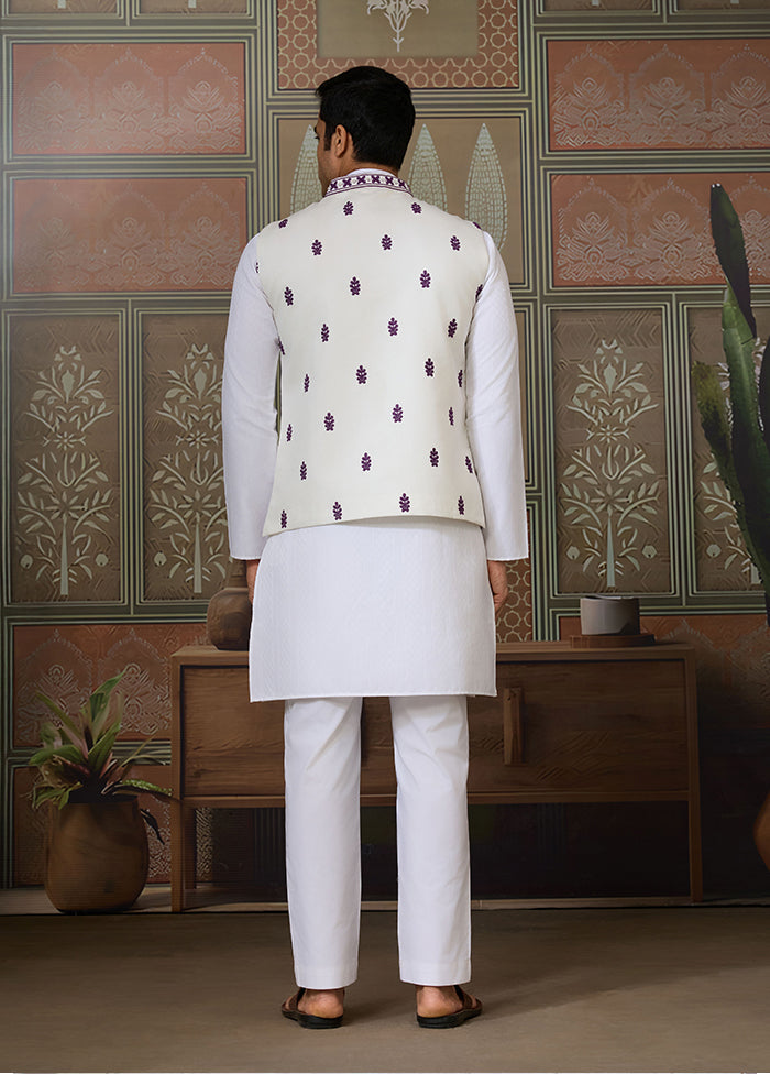 White Silk Kurta & Pajama With Jacket Set