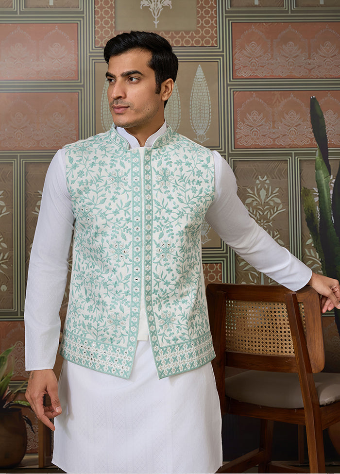 White Silk Kurta & Pajama With Jacket Set