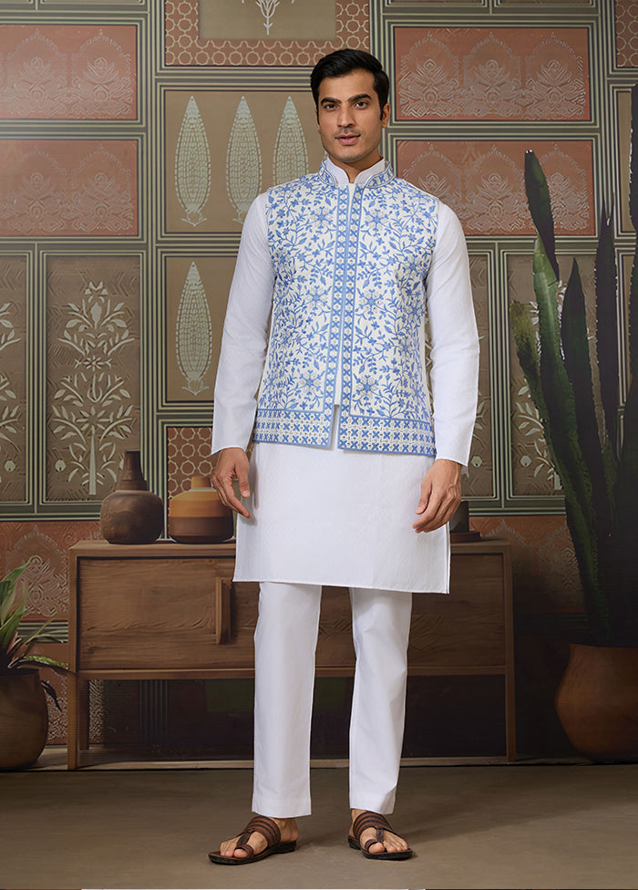 White Silk Kurta & Pajama With Jacket Set