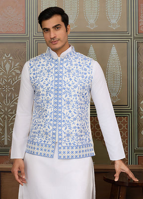 White Silk Kurta & Pajama With Jacket Set