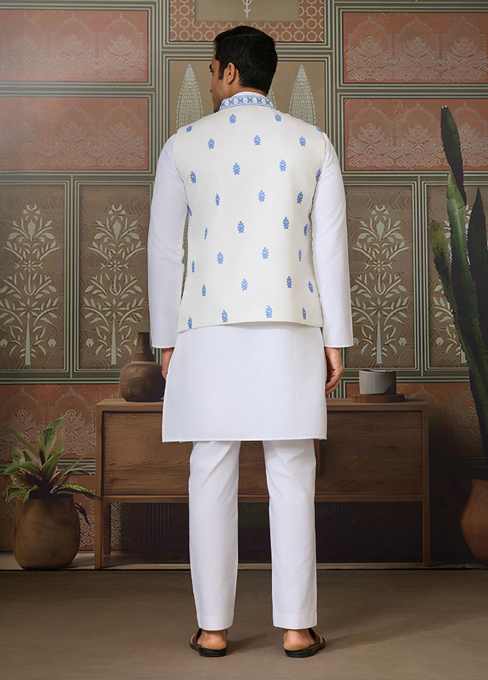 White Silk Kurta & Pajama With Jacket Set