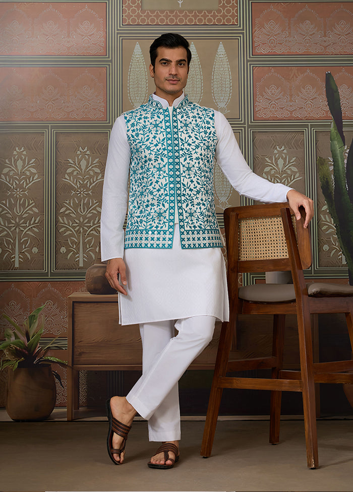 White Silk Kurta & Pajama With Jacket Set