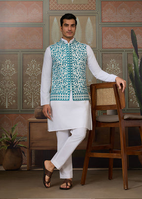 White Silk Kurta & Pajama With Jacket Set