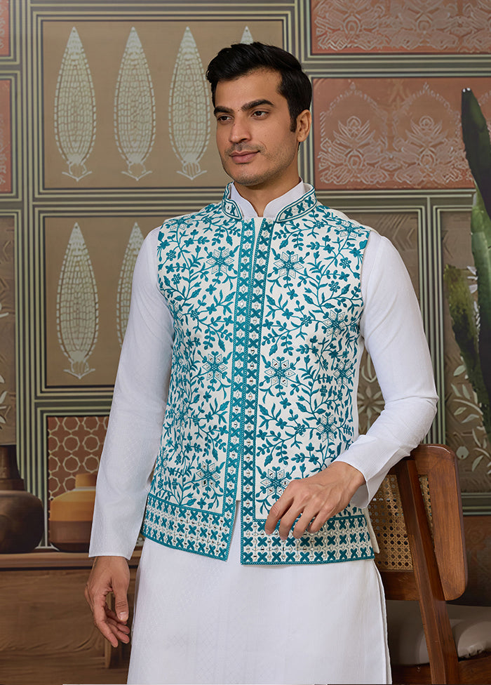 White Silk Kurta & Pajama With Jacket Set