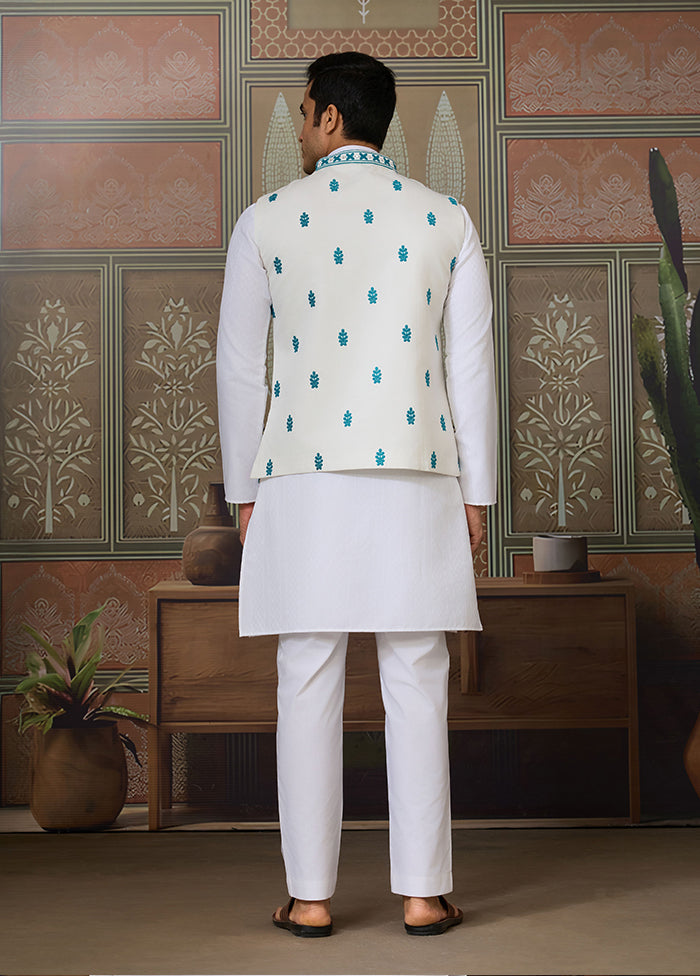 White Silk Kurta & Pajama With Jacket Set