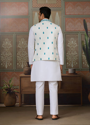 White Silk Kurta & Pajama With Jacket Set
