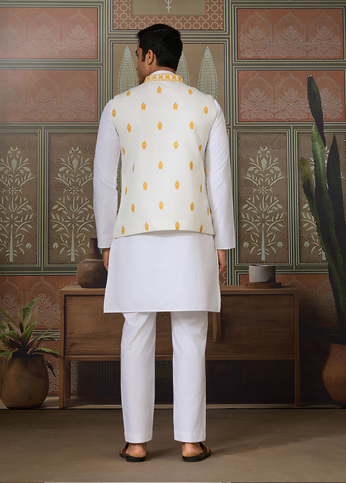 White Silk Kurta & Pajama With Jacket Set