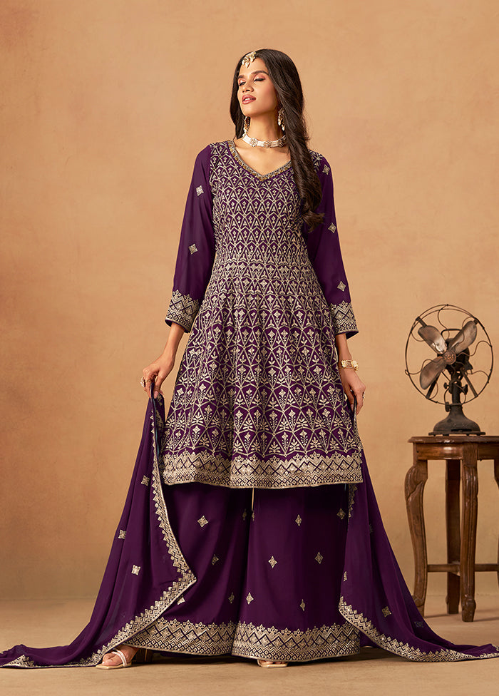 3 Pc Purple Georgette Plazzo Suit Set