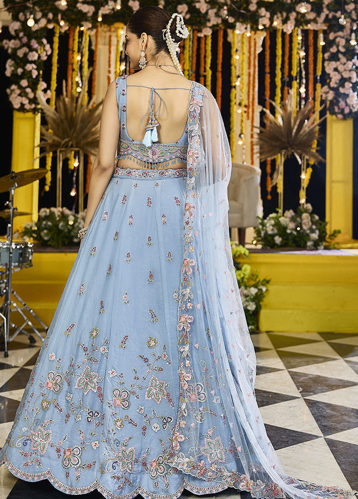 Blue Blended Silk Lehenga Set