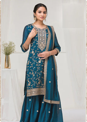 3 Pc Blue Silk Plazzo Suit Set