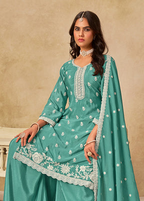 3 Pc Green Silk Plazzo Suit Set