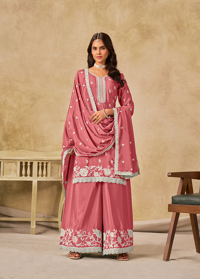 3 Pc Pink Silk Plazzo Suit Set