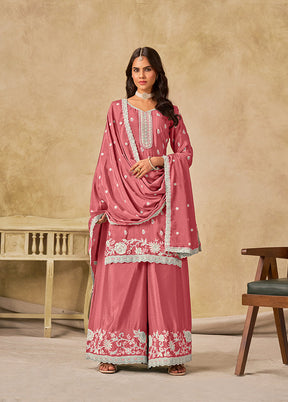3 Pc Pink Silk Plazzo Suit Set