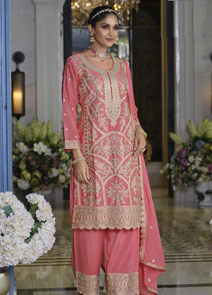3 Pc Pink Silk Plazzo Suit Set