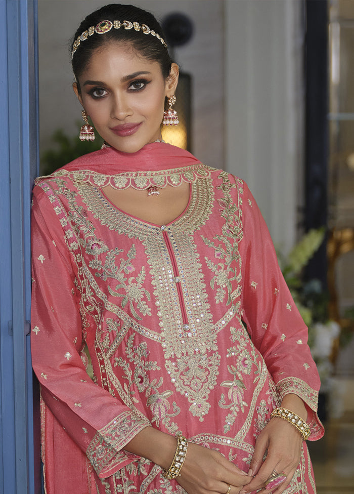 3 Pc Pink Silk Plazzo Suit Set