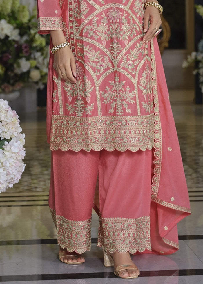 3 Pc Pink Silk Plazzo Suit Set