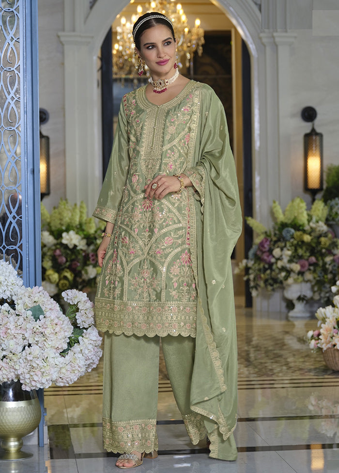 3 Pc Green Silk Plazzo Suit Set
