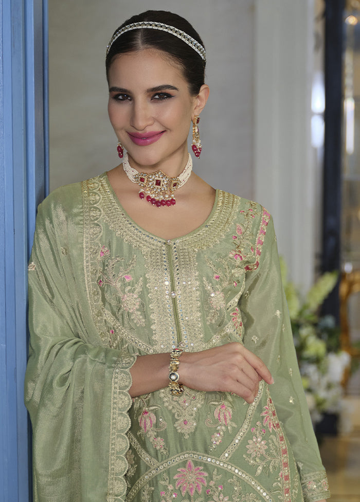3 Pc Green Silk Plazzo Suit Set