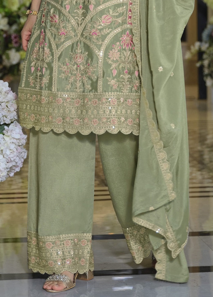 3 Pc Green Silk Plazzo Suit Set