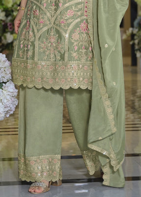 3 Pc Green Silk Plazzo Suit Set
